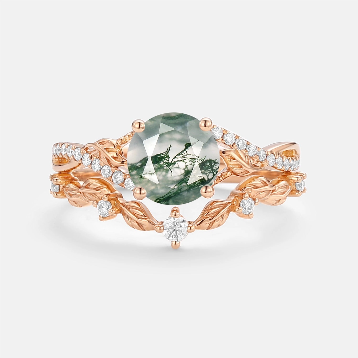 Affordable Jewelry Nature Inspired-Round Moss Agate Leafy Engagement Ring Set 2pcs - Syrin