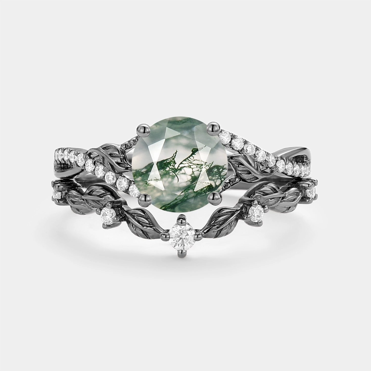 Nature Inspired-Round Moss Agate Leafy Engagement Ring Set 2pcs - Syrin Vibrant Charm Stylish Addition