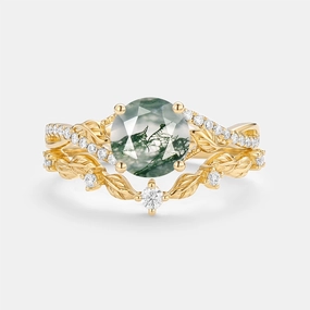 Nature Inspired-Round Moss Agate Leafy Engagement Ring Set 2pcs - Syrin Statement Layer Elegant Shine Pieces