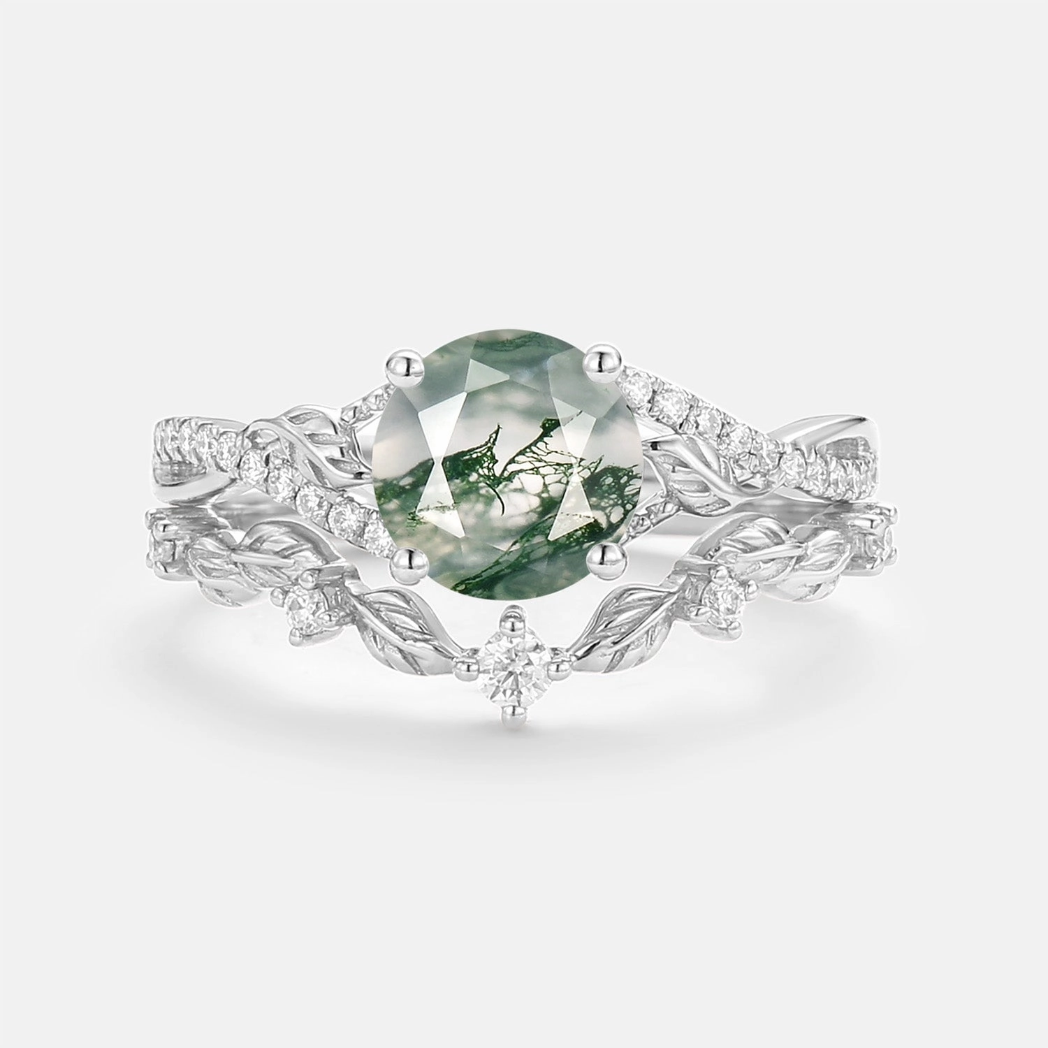 Nature Inspired-Round Moss Agate Leafy Engagement Ring Set 2pcs - Syrin Sleek Edge Polished Mood