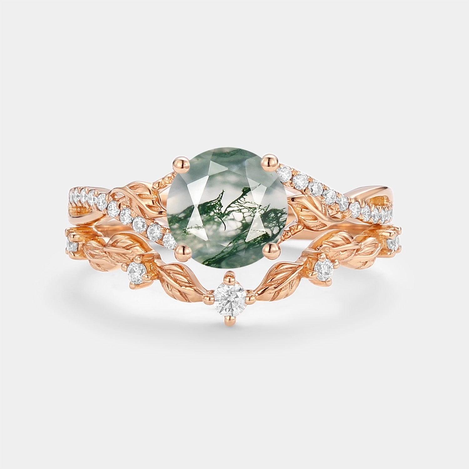 Nature Inspired-Round Moss Agate Leafy Engagement Ring Set 2pcs - Syrin Sparkling Jewelry Design Polished Radiance