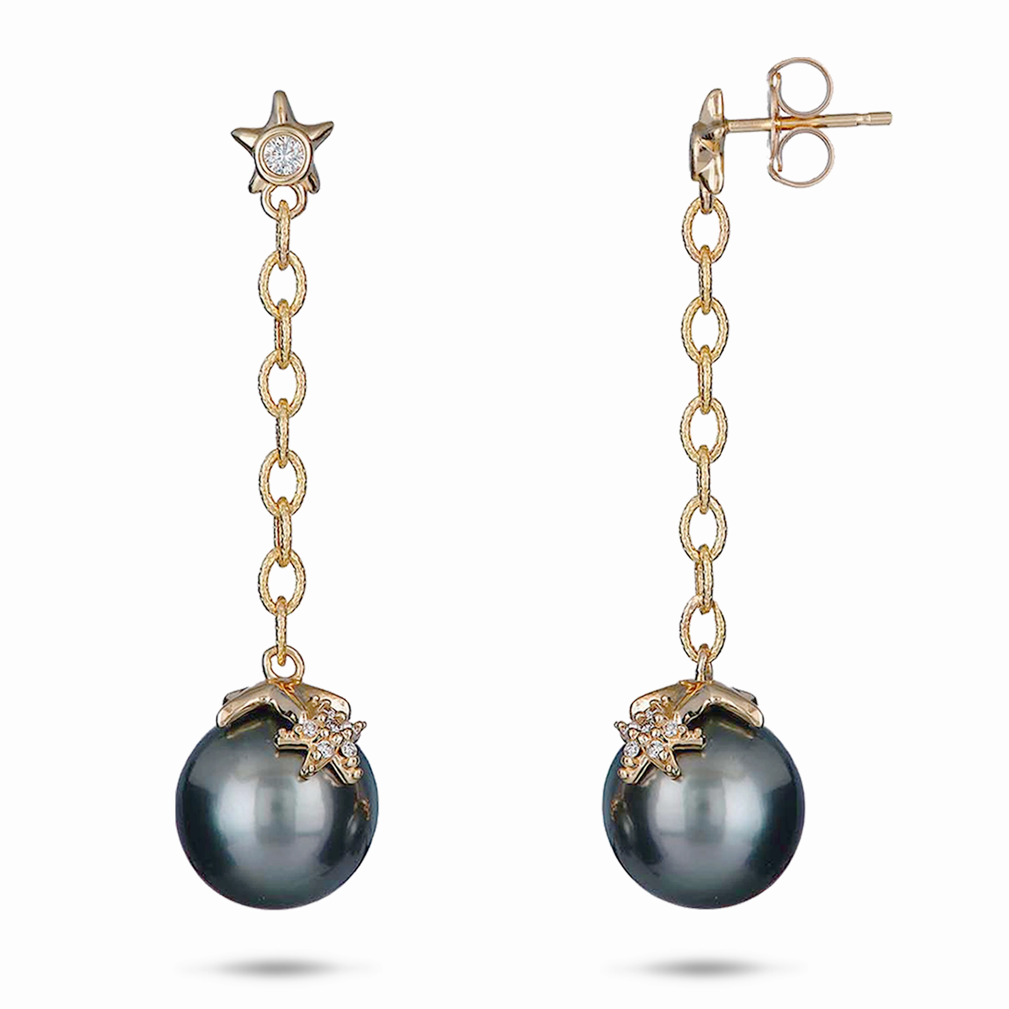 Reefs Starfish Tahitian Black Pearl Earrings in Gold with Diamonds - 10-11mm Cool Spark Enduring Shine