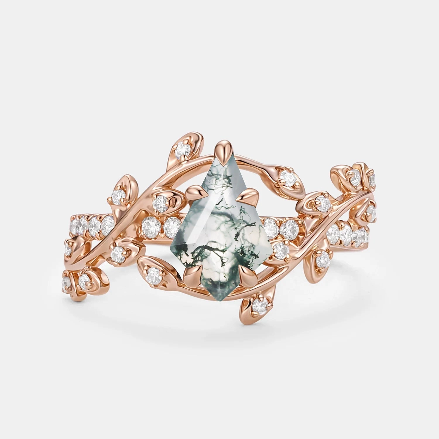 Kite Cut Moss Agate Leafy Pave Engagement Ring - Wren Elegant accessory Flawless Touch