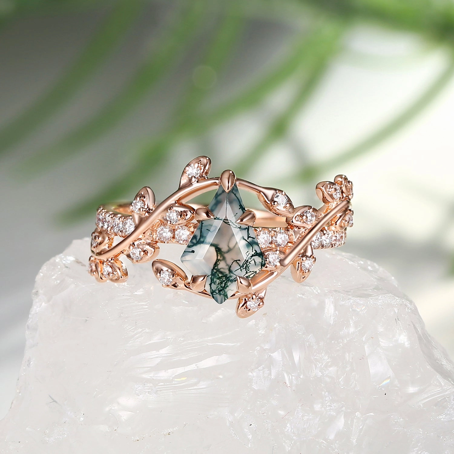 Kite Cut Moss Agate Leafy Pave Engagement Ring - Wren Classic Proportion