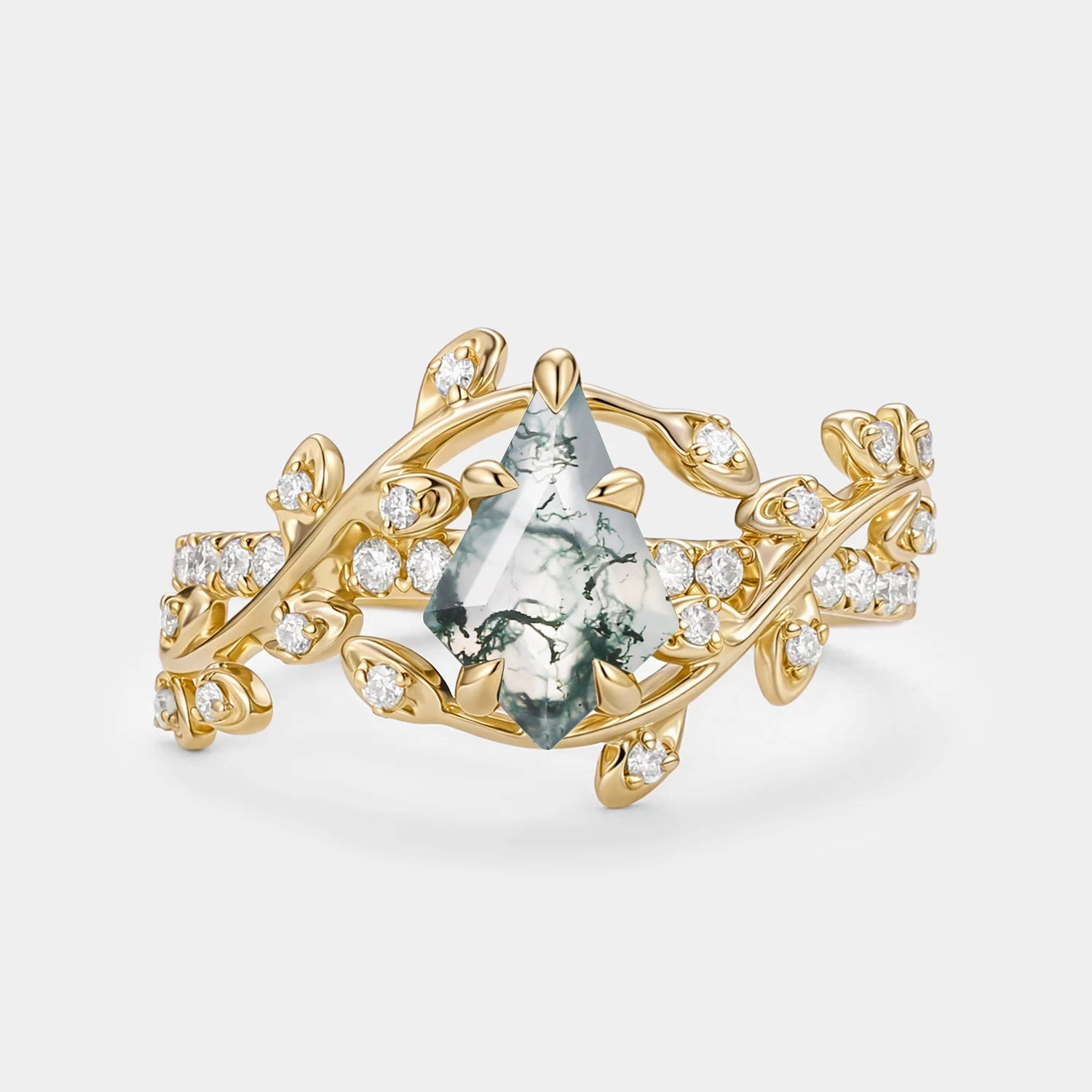 Delicate Spark Statement Fit Kite Cut Moss Agate Leafy Pave Engagement Ring - Wren