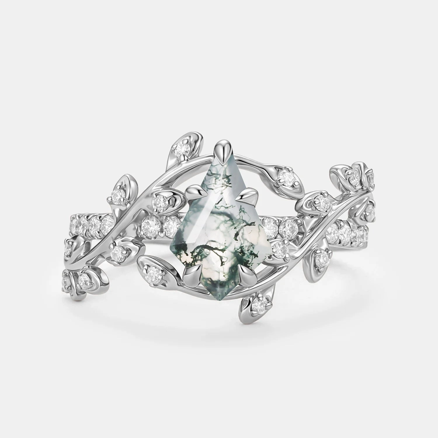 Layer mood Kite Cut Moss Agate Leafy Pave Engagement Ring - Wren
