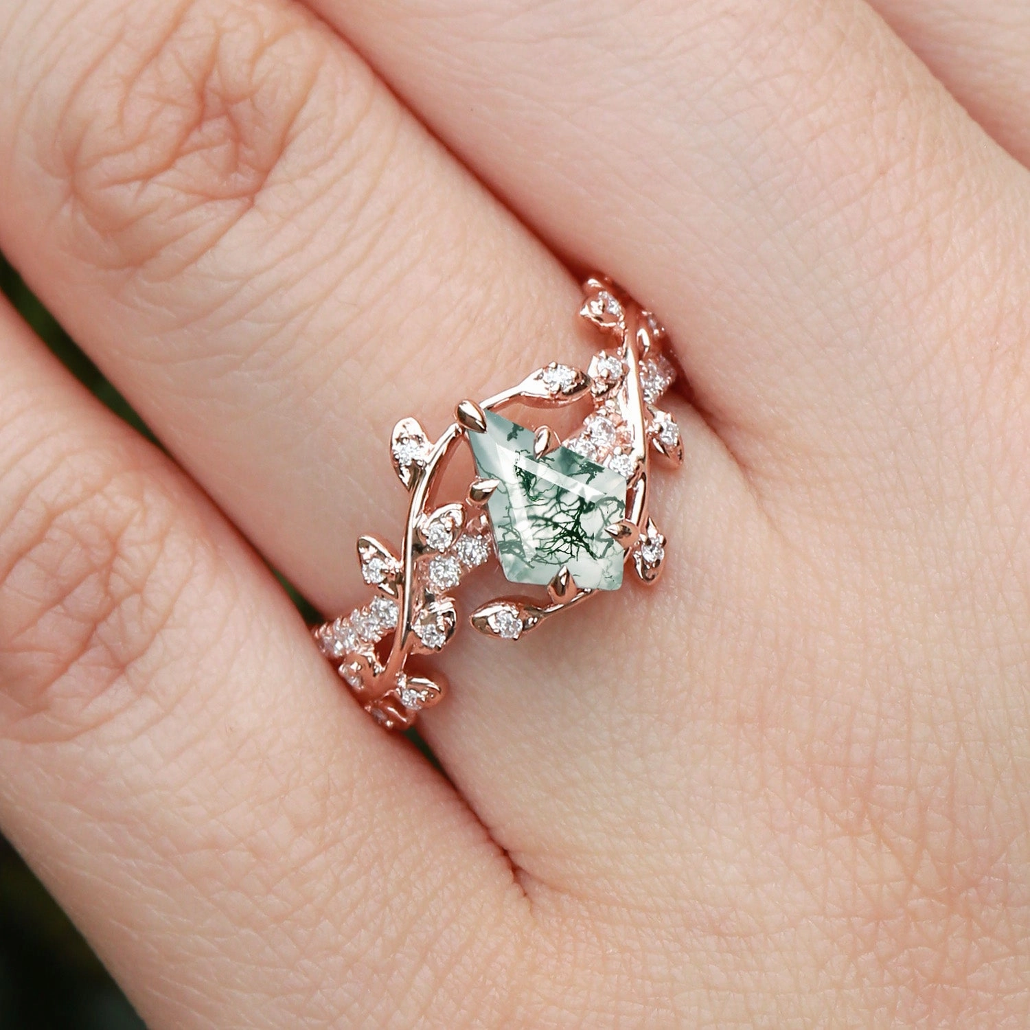 Kite Cut Moss Agate Leafy Pave Engagement Ring - Wren Future Use Graceful Harmony