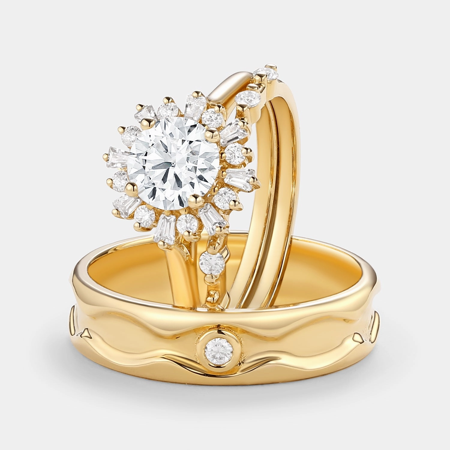 Round Moissanite Halo Floral Ring Set 3pcs - Sol All Day