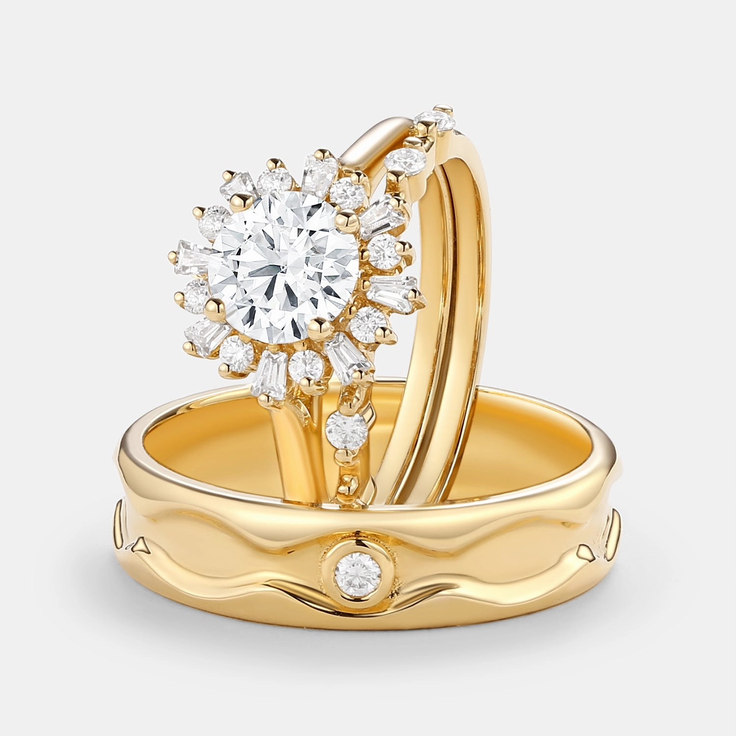 Round Moissanite Halo Floral Ring Set 3pcs - Sol Shiny Accent