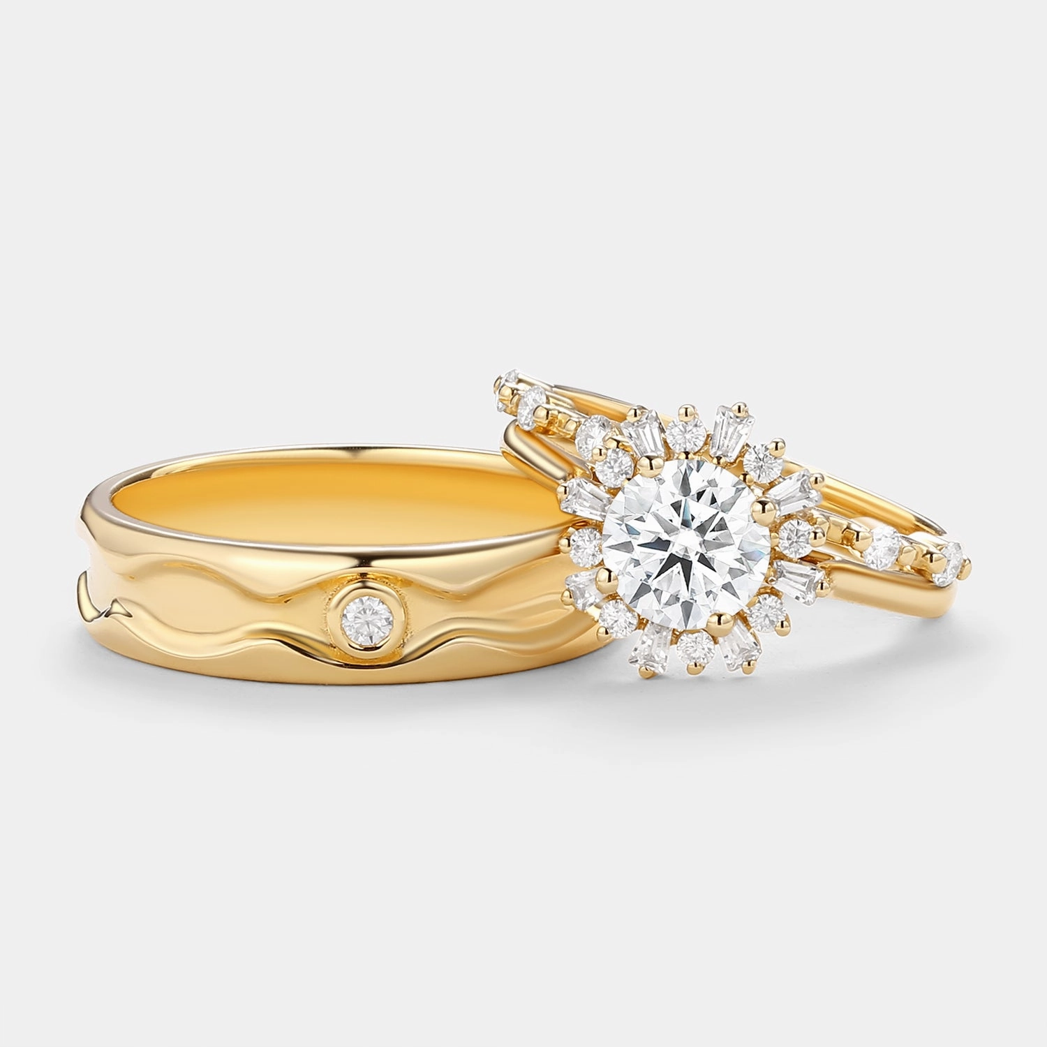 Fashion Focus Shiny appearance Round Moissanite Halo Floral Ring Set 3pcs - Sol