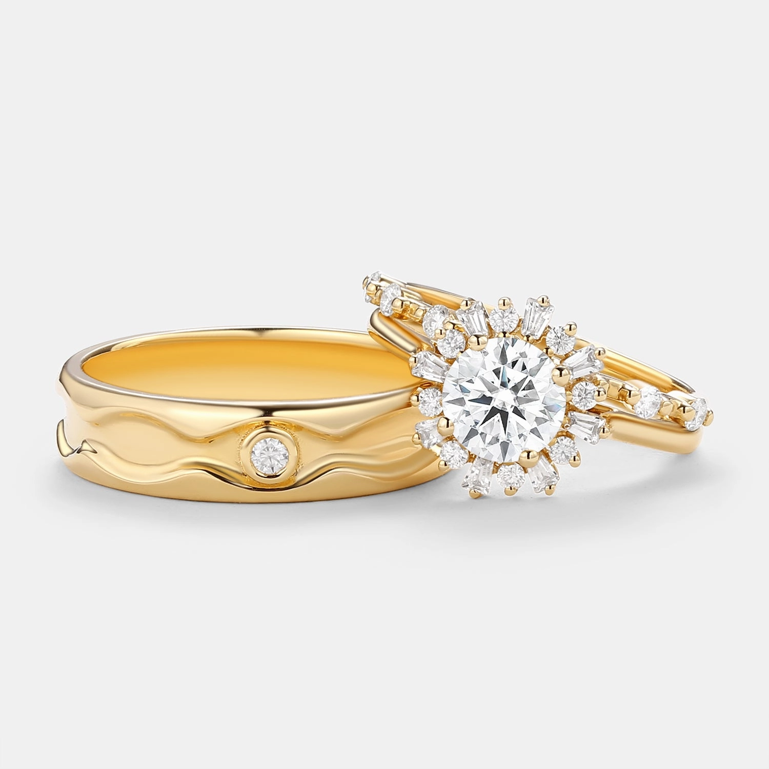 Round Moissanite Halo Floral Ring Set 3pcs - Sol Understated Spark Radiant Form