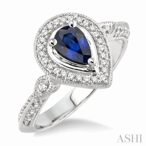 6x4 MM Pear Shape Sapphire and 1/6 Ctw Round Cut Diamond Ring in 14K White Gold Strong Work Cool Finish