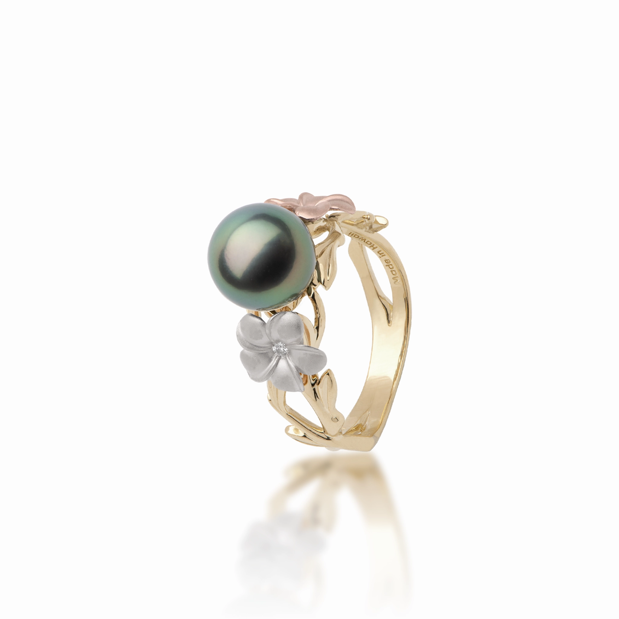 Luminous Look Pearls in Bloom Plumeria Tahitian Black Pearl Ring in Tri Color Gold with Diamonds - 8mm