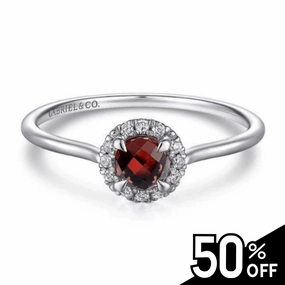 14K White Gold Garnet and Diamond Halo Promise Ring Graceful Fit
