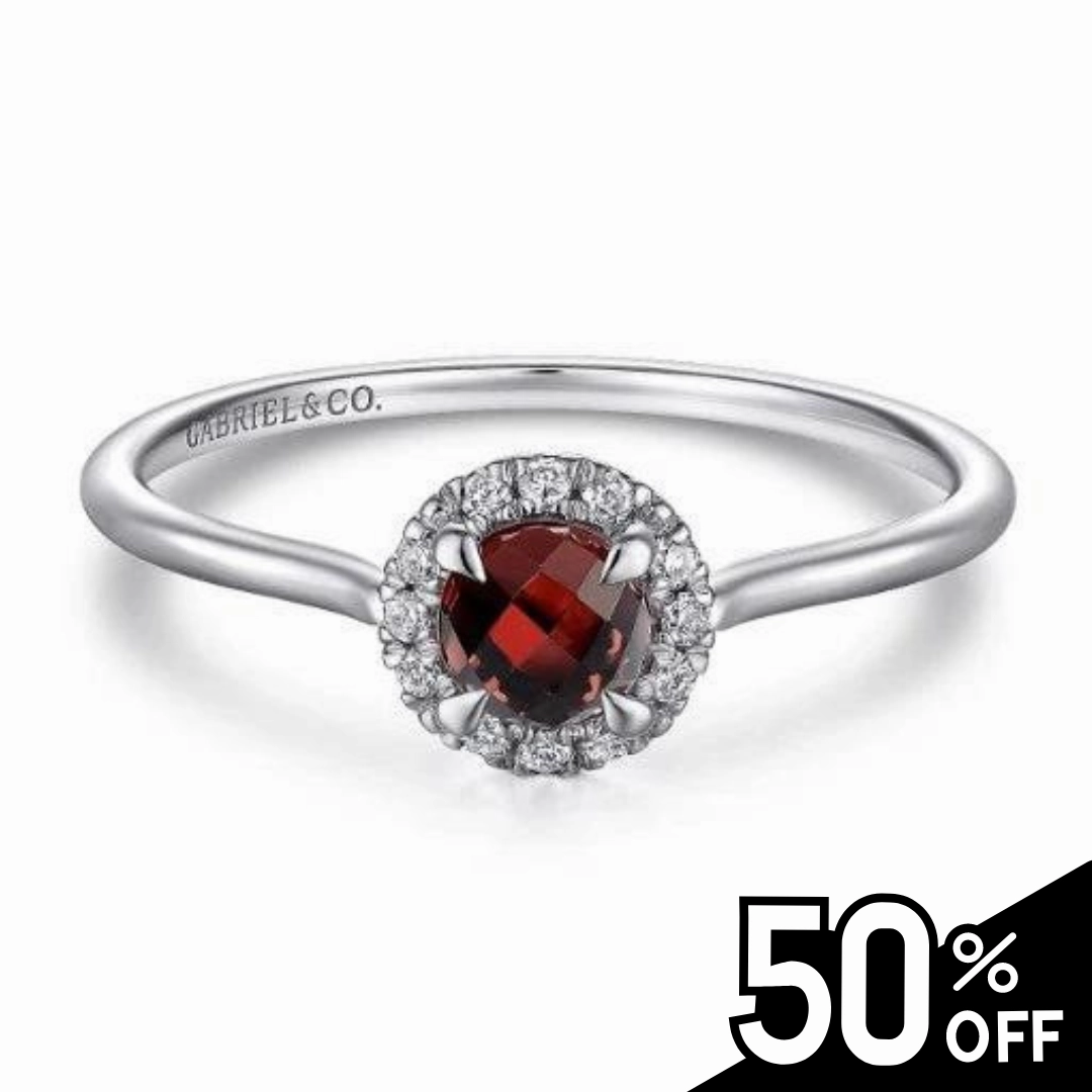 14K White Gold Garnet and Diamond Halo Promise Ring Graceful Fit