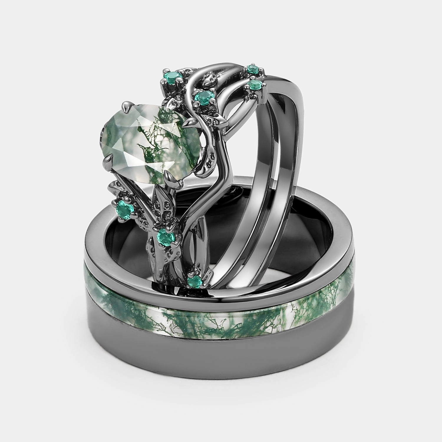 Nature Inspired - Black Gold Moss Agate Oval Cut Couple Ring Set 3pcs - Mossy Subtle Accessory