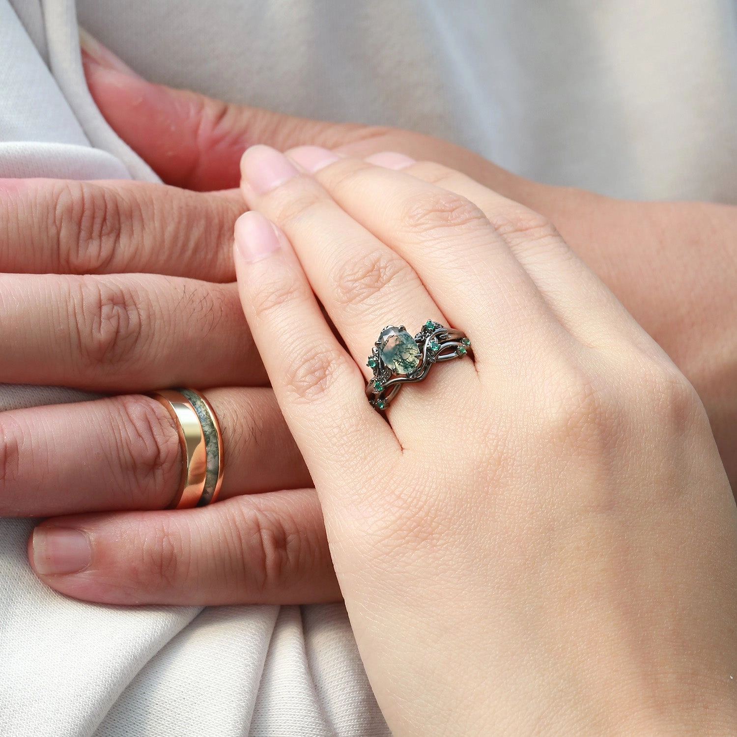 Nature Inspired - Black Gold Moss Agate Oval Cut Couple Ring Set 3pcs - Mossy Jewelry Article Best Friend