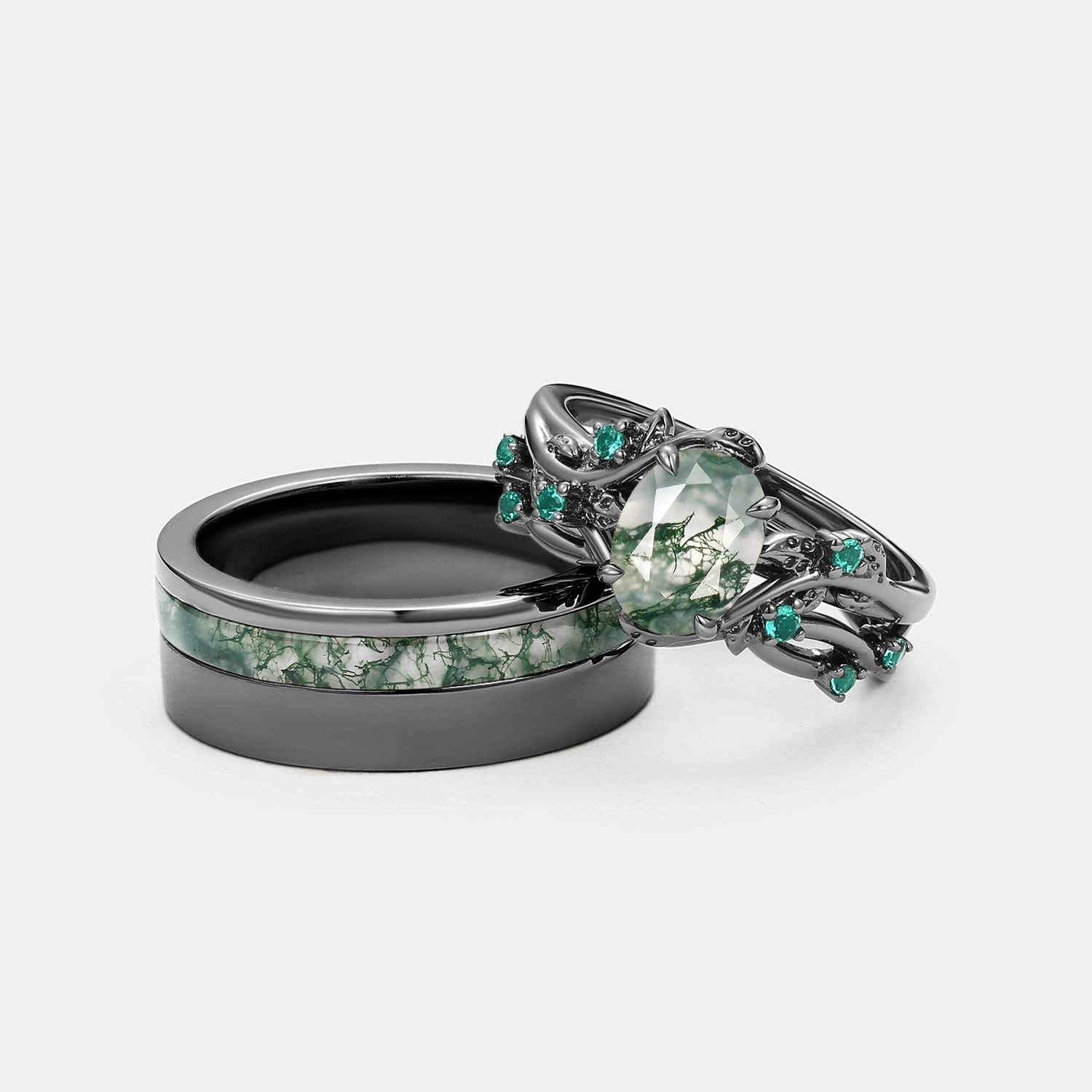 Evening Spark Nature Inspired - Black Gold Moss Agate Oval Cut Couple Ring Set 3pcs - Mossy