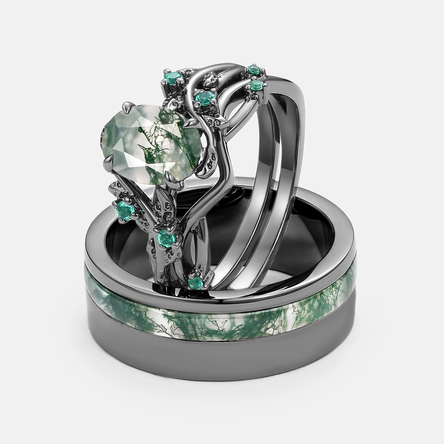 Graceful Harmony Nature Inspired - Black Gold Moss Agate Oval Cut Couple Ring Set 3pcs - Mossy