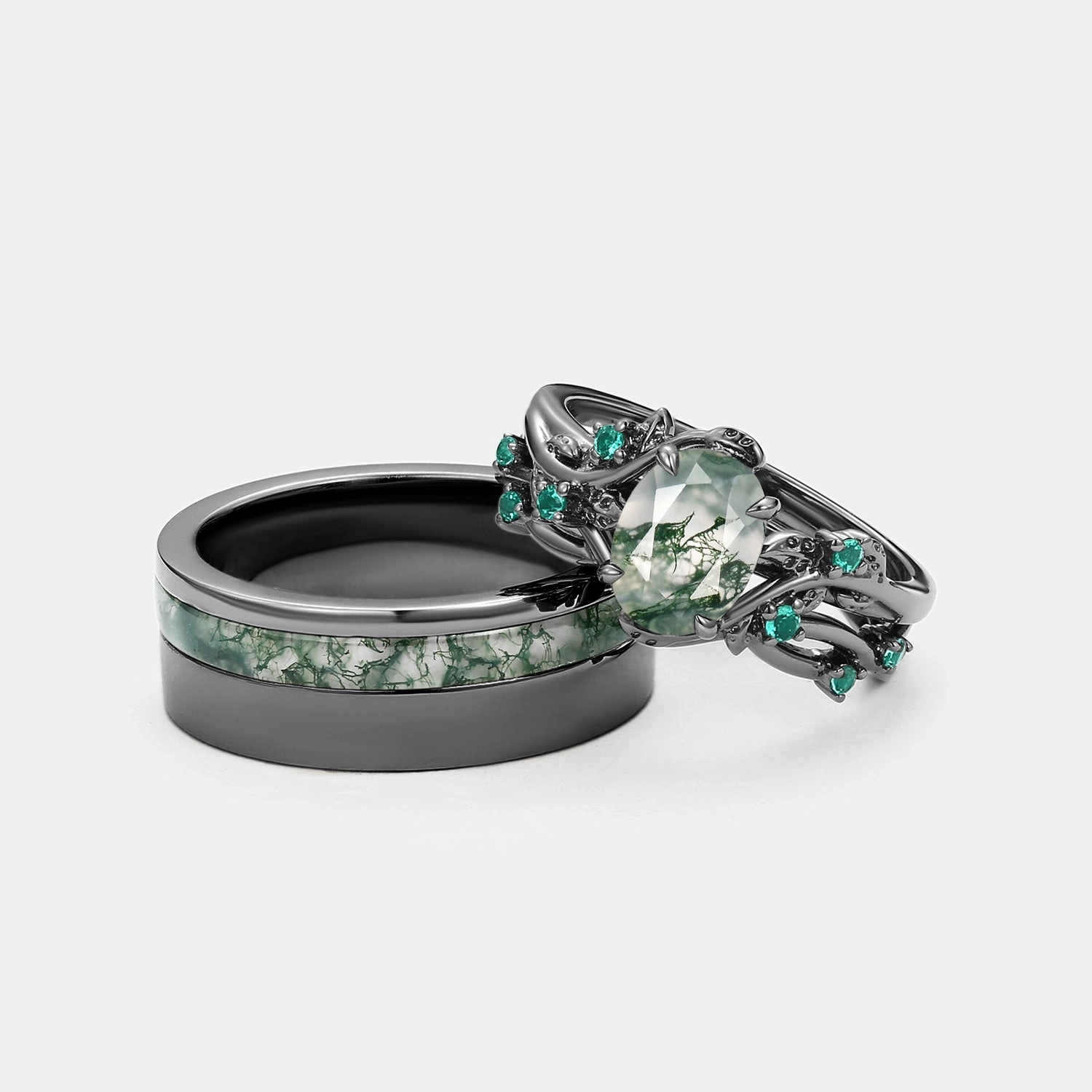 Nature Inspired - Black Gold Moss Agate Oval Cut Couple Ring Set 3pcs - Mossy Secure Expression
