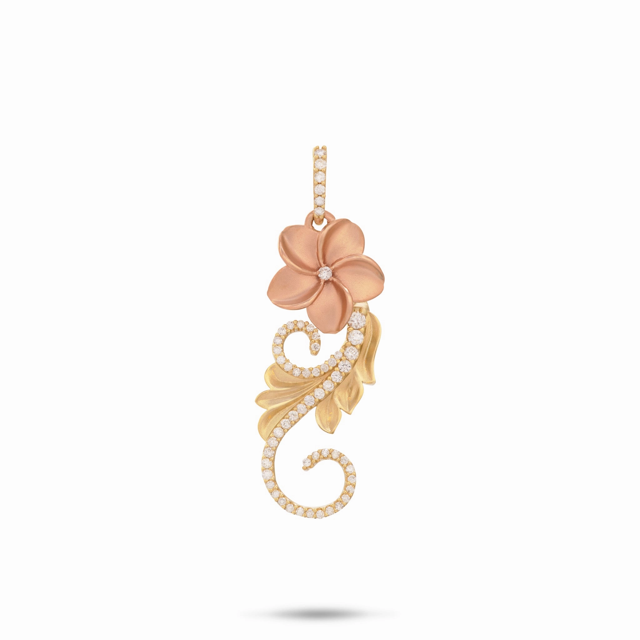 Contemporary Highlight Fashion Style Hawaiian Heirloom Plumeria Pendant in Two Tone Gold with Diamonds - 30mm