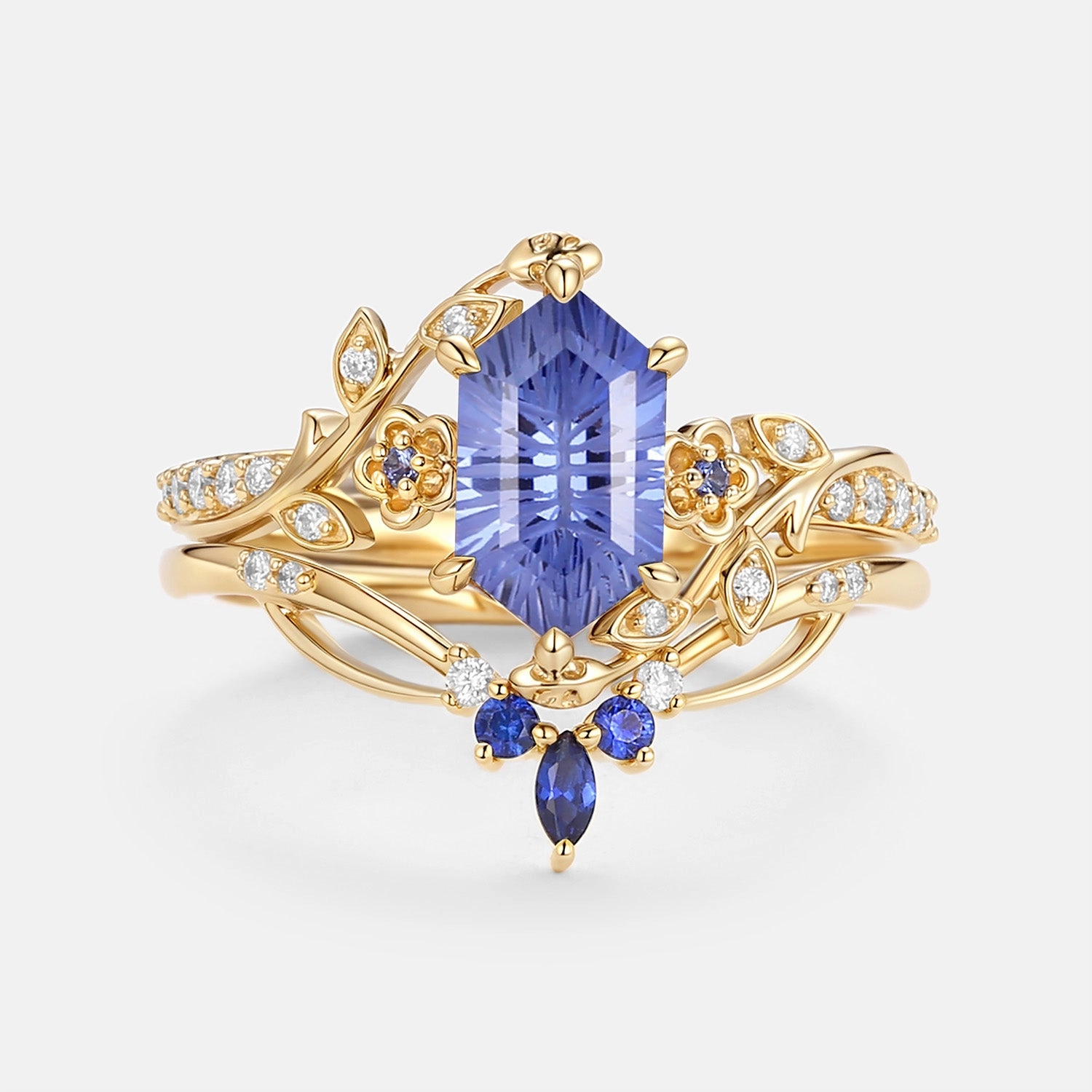Fireworks Cut Lab Cornflower Sapphire Elongated Hexagon Engagement Ring Set - Zane Fashionable Glow