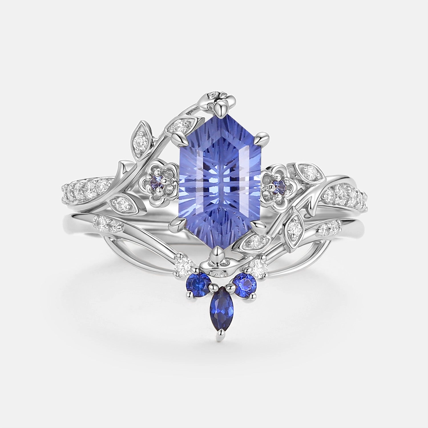 Petite Accessory Fireworks Cut Lab Cornflower Sapphire Elongated Hexagon Engagement Ring Set - Zane