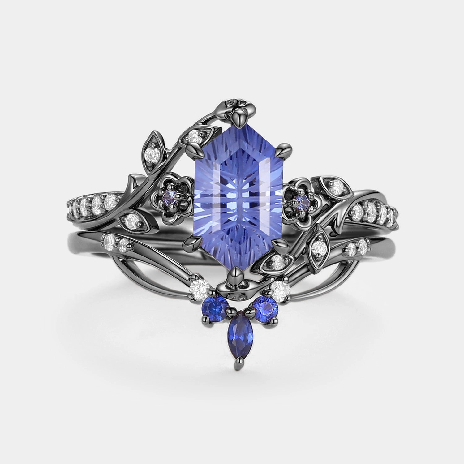 Fireworks Cut Lab Cornflower Sapphire Elongated Hexagon Engagement Ring Set - Zane Festival Present Stylish Accessory