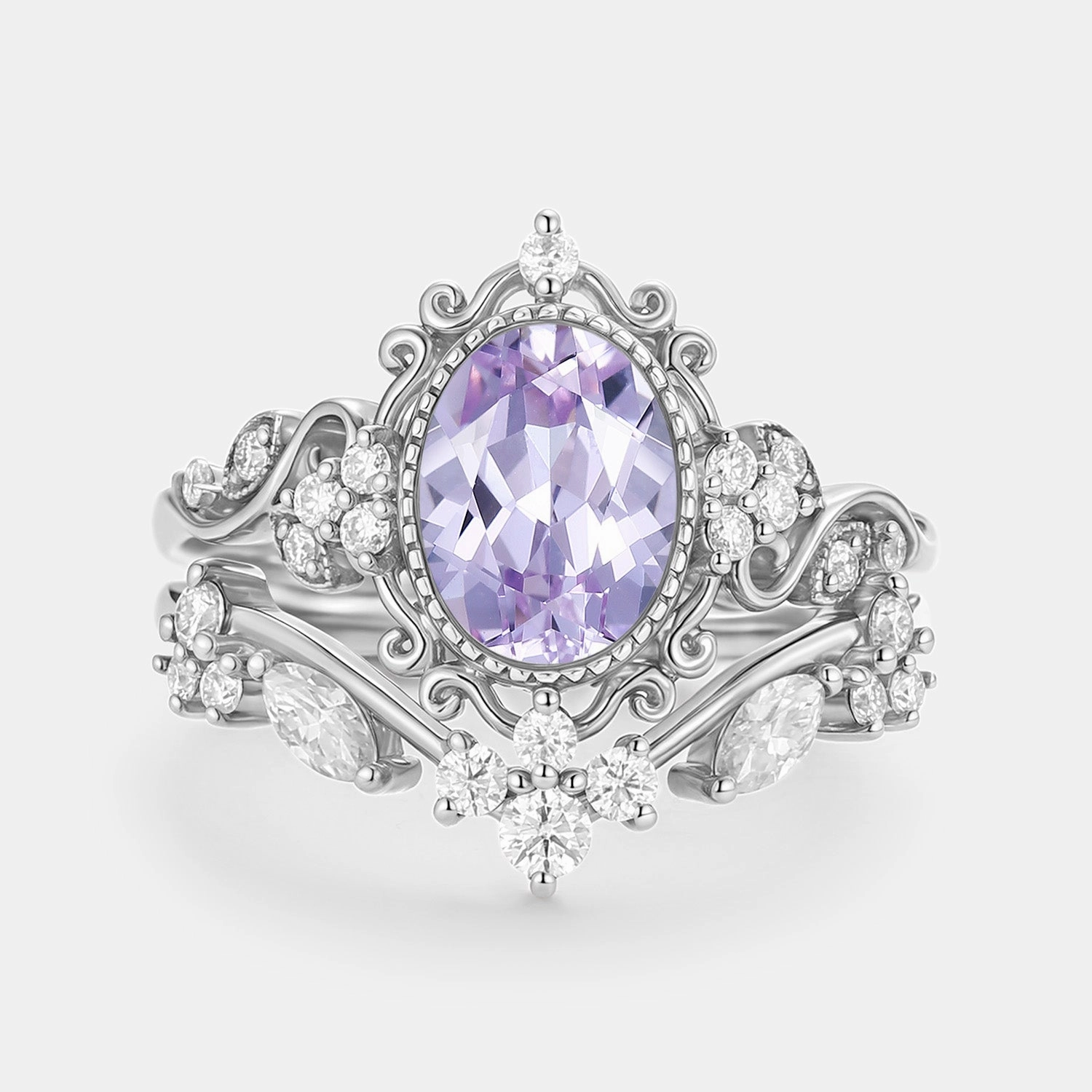 Heavy Duty Oval Cut Lab Lavender Sapphire Cluster Engagement Ring Sets 2pcs - Cora