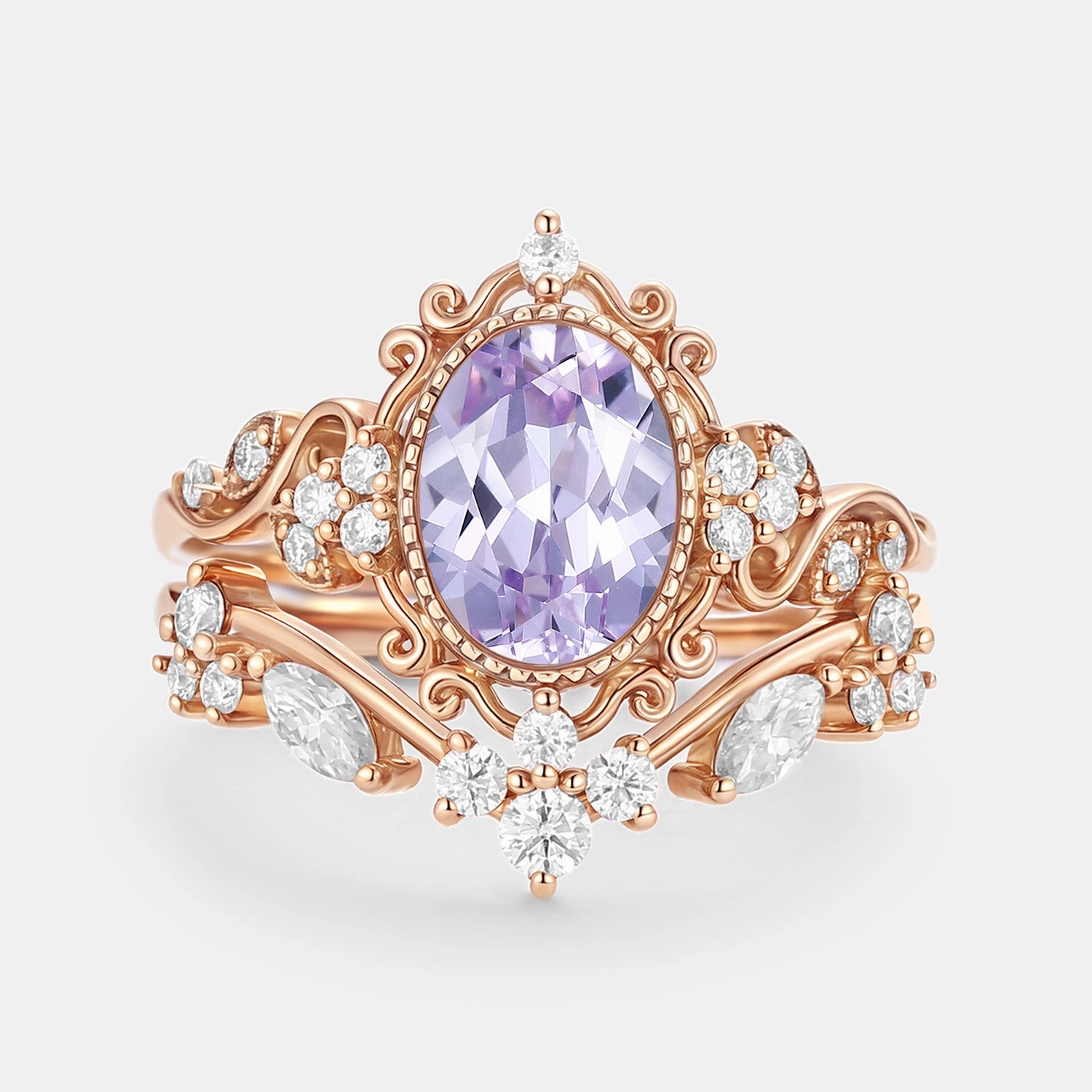 Oval Cut Lab Lavender Sapphire Cluster Engagement Ring Sets 2pcs - Cora Trendy Style Handcrafted Craft