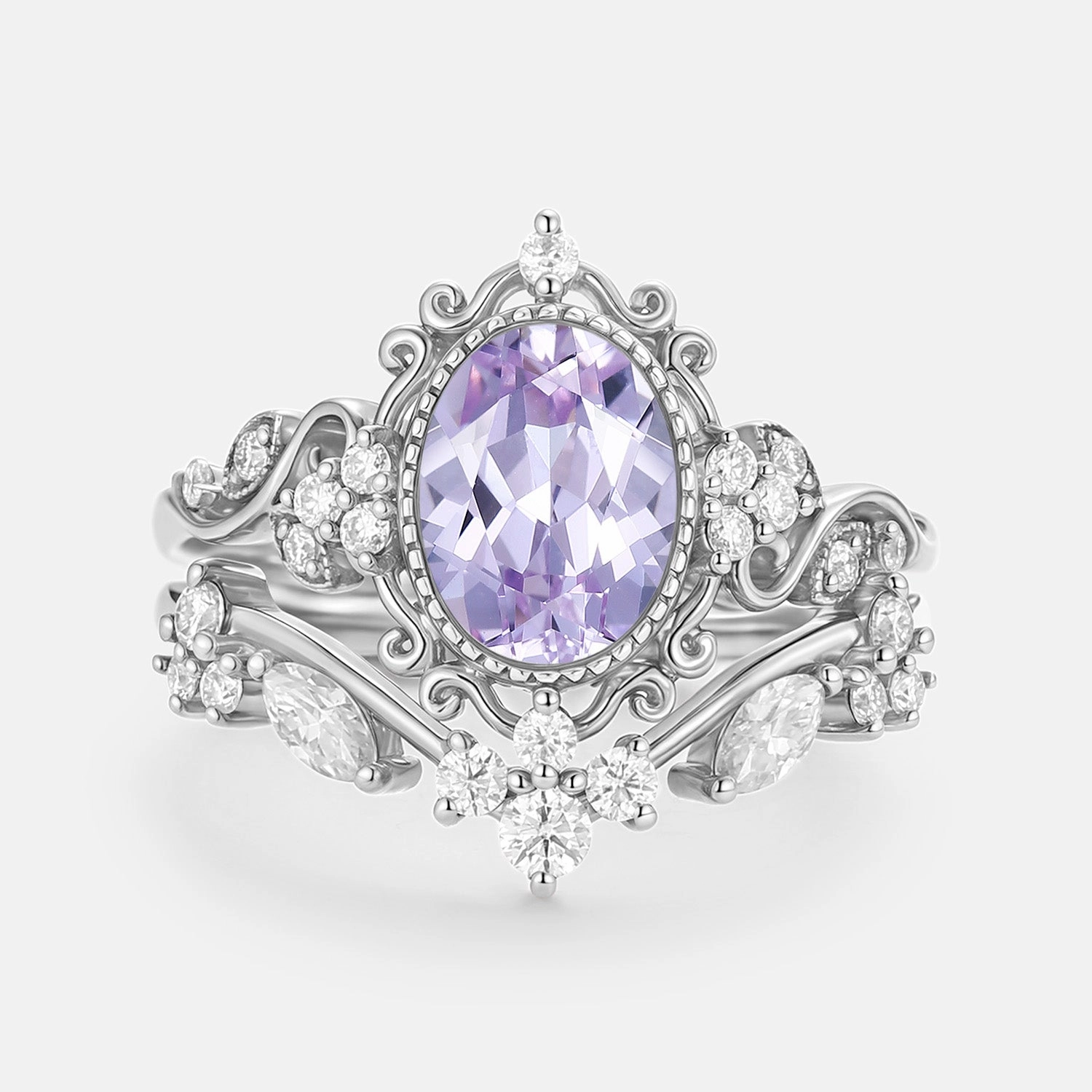 Engraved Surface Oval Cut Lab Lavender Sapphire Cluster Engagement Ring Sets 2pcs - Cora