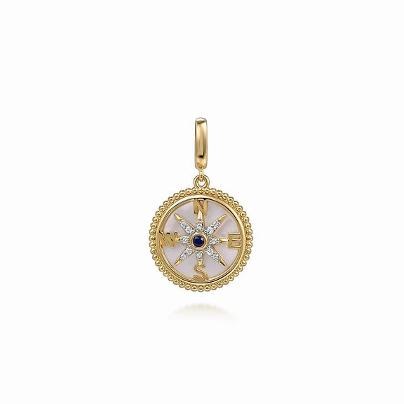 14K Yellow Gold Bujukan Diamond Starburst & Mother of Pearl Medallion Pendant Soft Texture