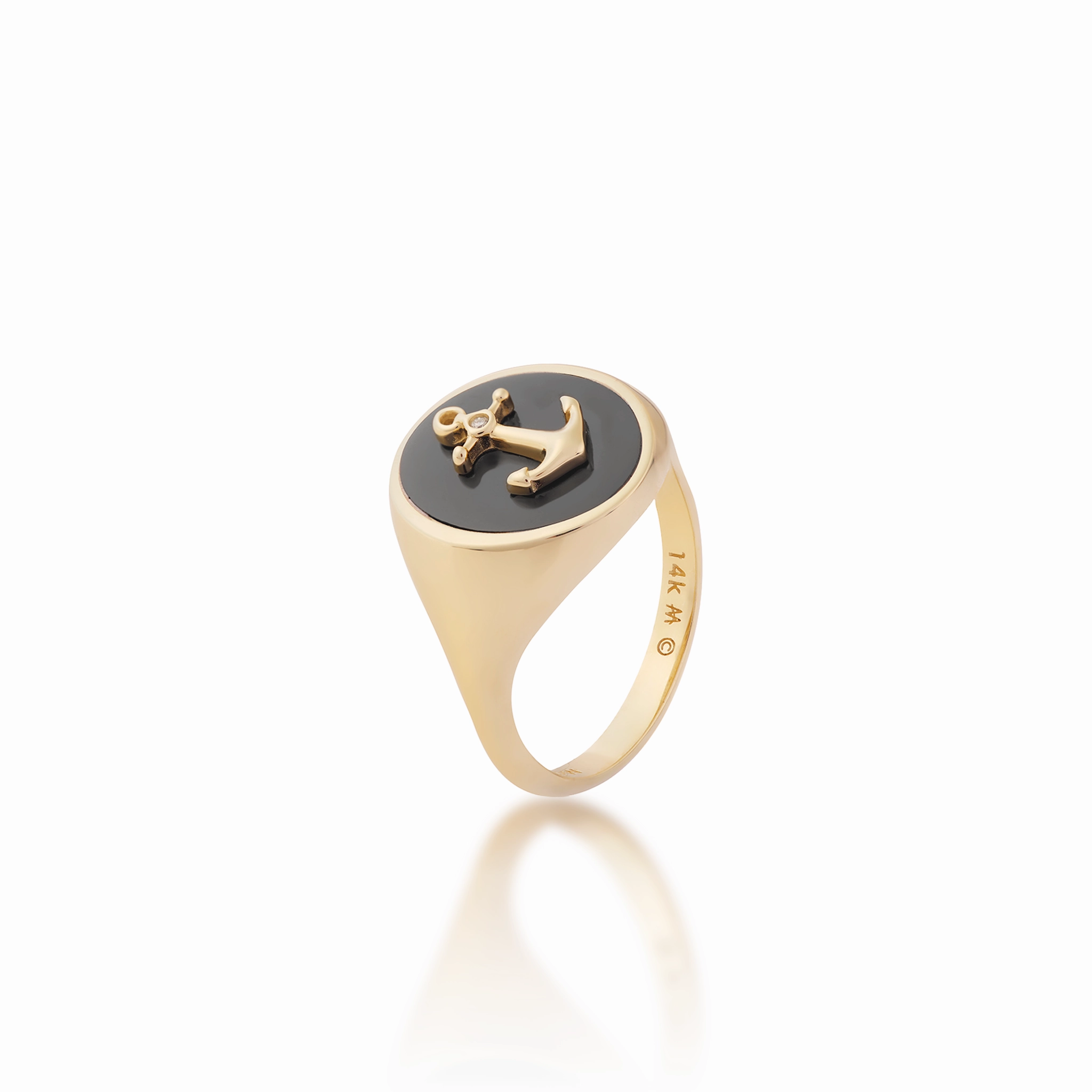 Sealife Anchor Black Coral Signet Ring in Gold with Diamond - 14mm Formal Design