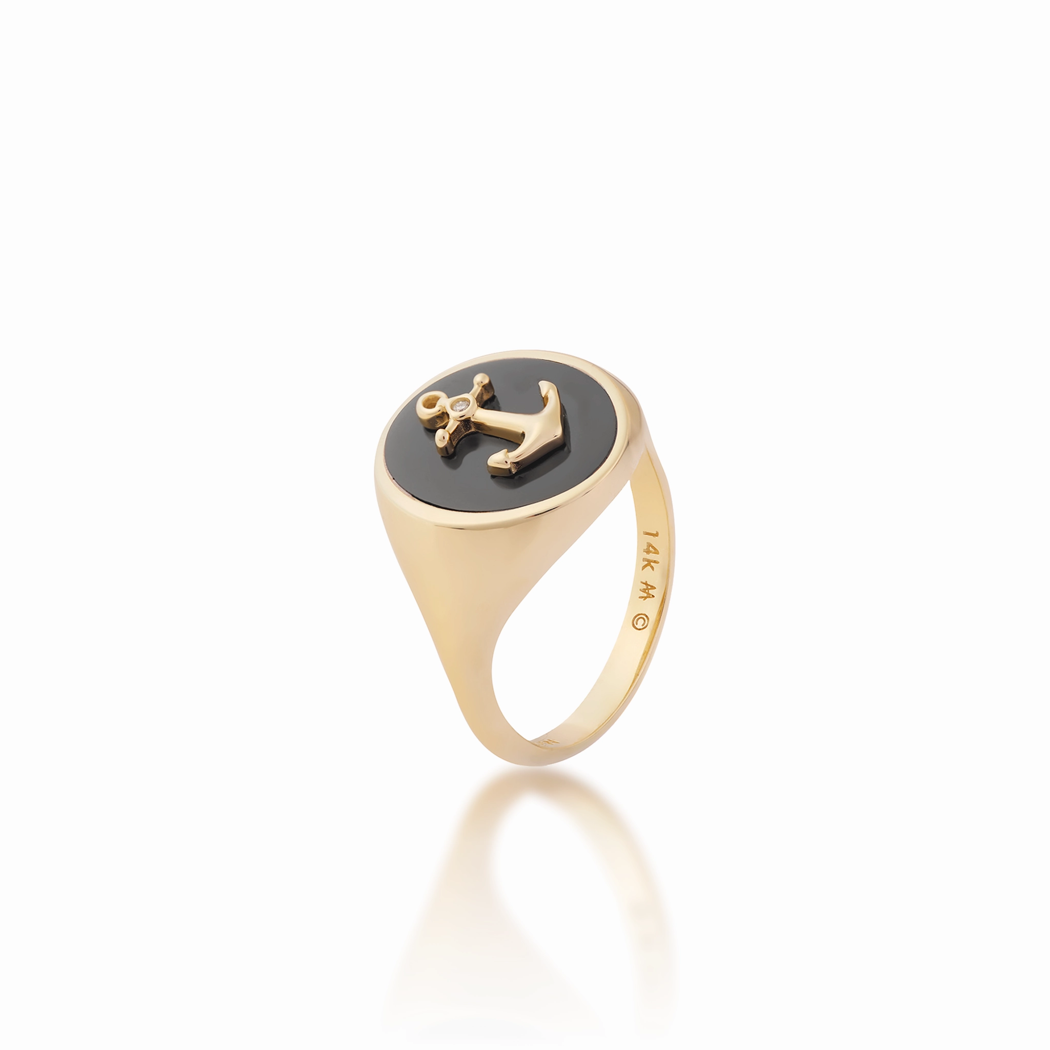 Sealife Anchor Black Coral Signet Ring in Gold with Diamond - 14mm Classic Craft