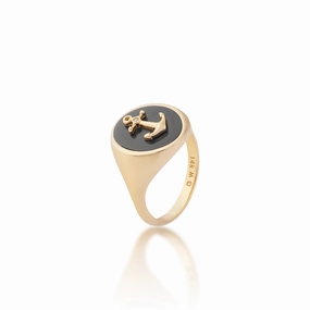 Glamorous Glow Flat Shot Sealife Anchor Black Coral Signet Ring in Gold with Diamond - 14mm