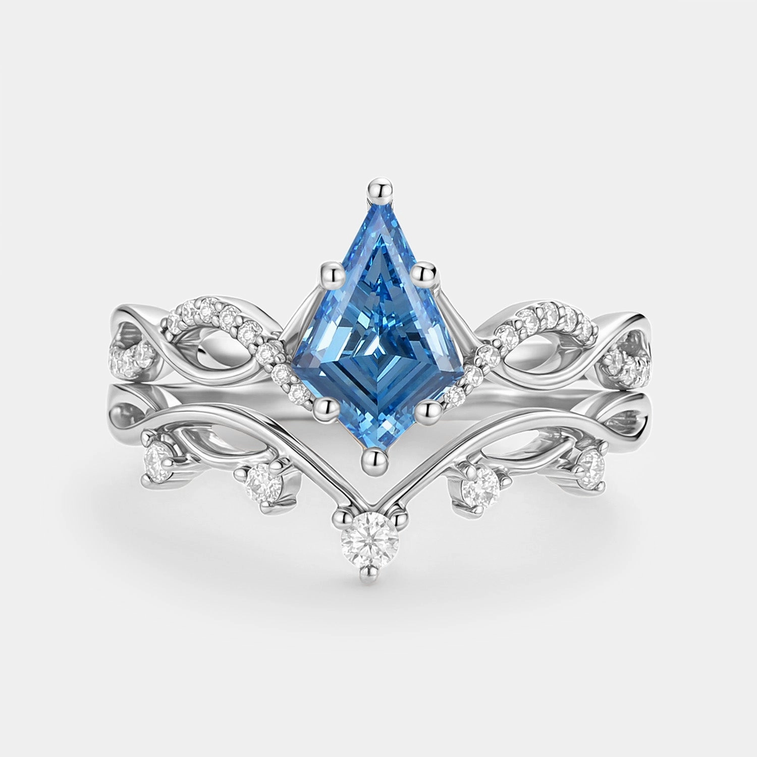 Minimalist Choice Delicate Statement Leafy Kite Blue Lab Grown Diamond Ring Set 2pcs - Phyllon