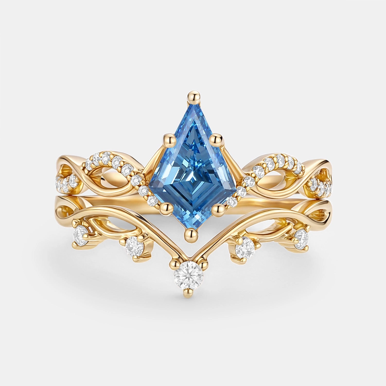 Beautiful Design Soft Texture Leafy Kite Blue Lab Grown Diamond Ring Set 2pcs - Phyllon