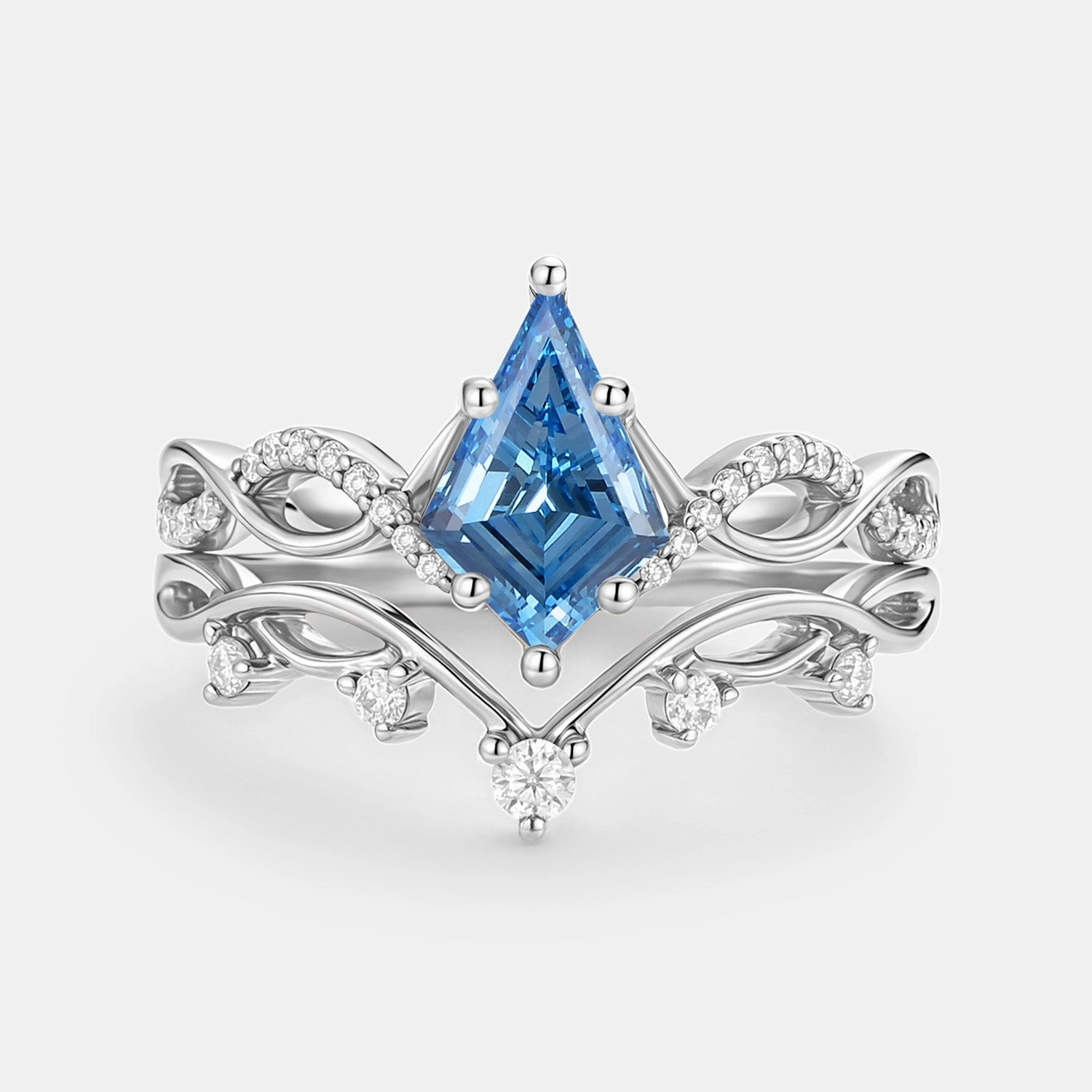 Leafy Kite Blue Lab Grown Diamond Ring Set 2pcs - Phyllon Chic Element