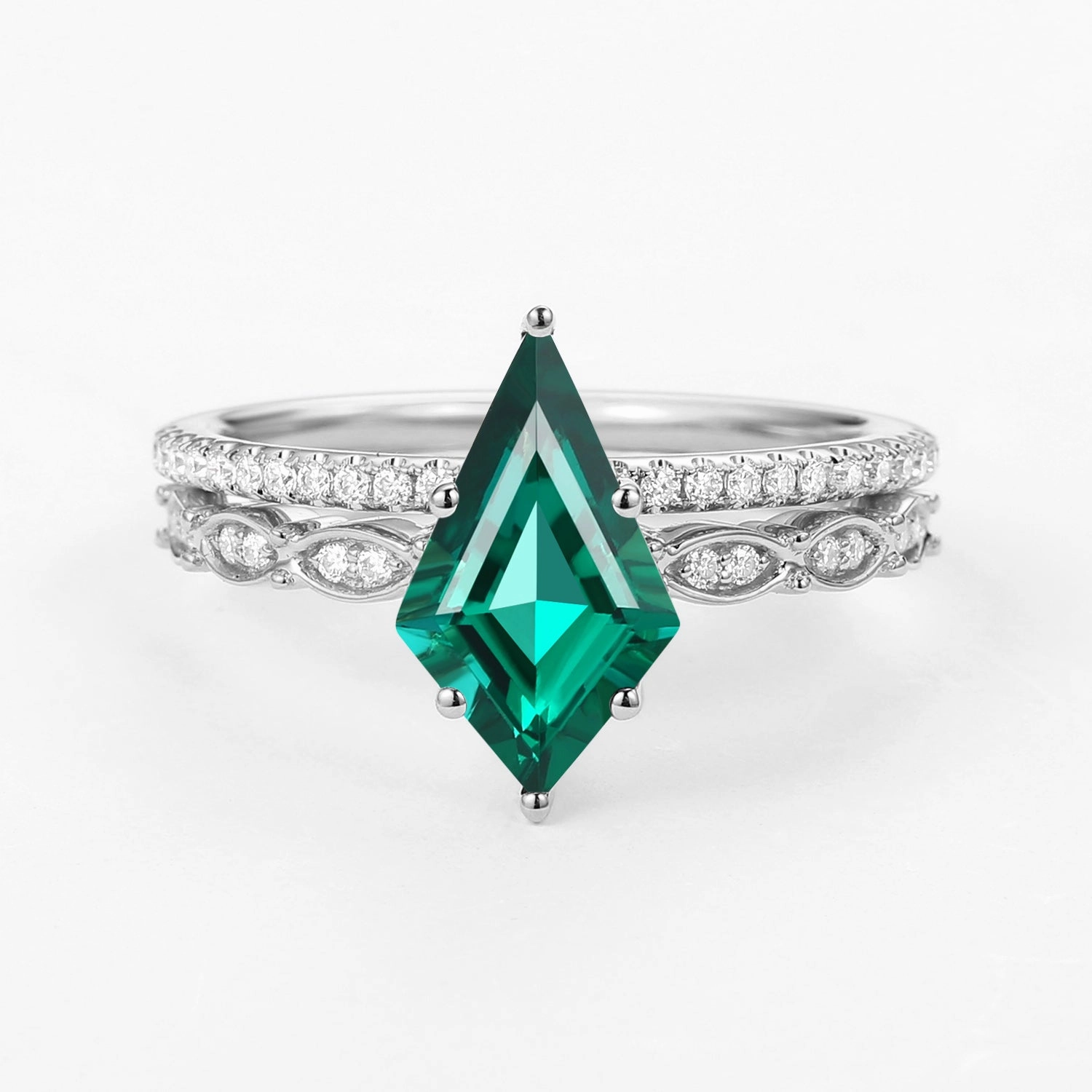 Lasting Memory Green Kite Cut Lab Emerald Engagement Ring with Straight Band Set 2pcs