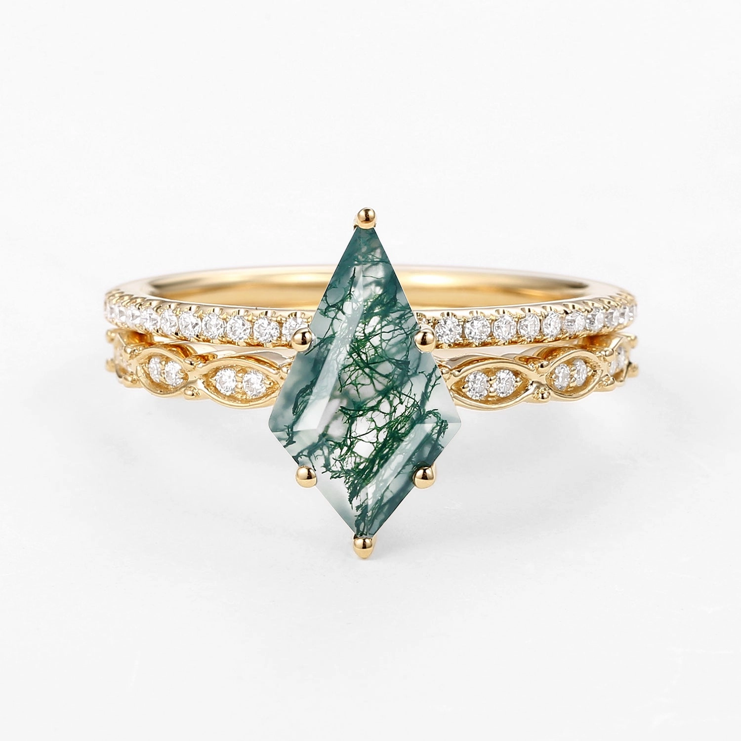 Low-Cost Design Green Kite Cut Lab Emerald Engagement Ring with Straight Band Set 2pcs