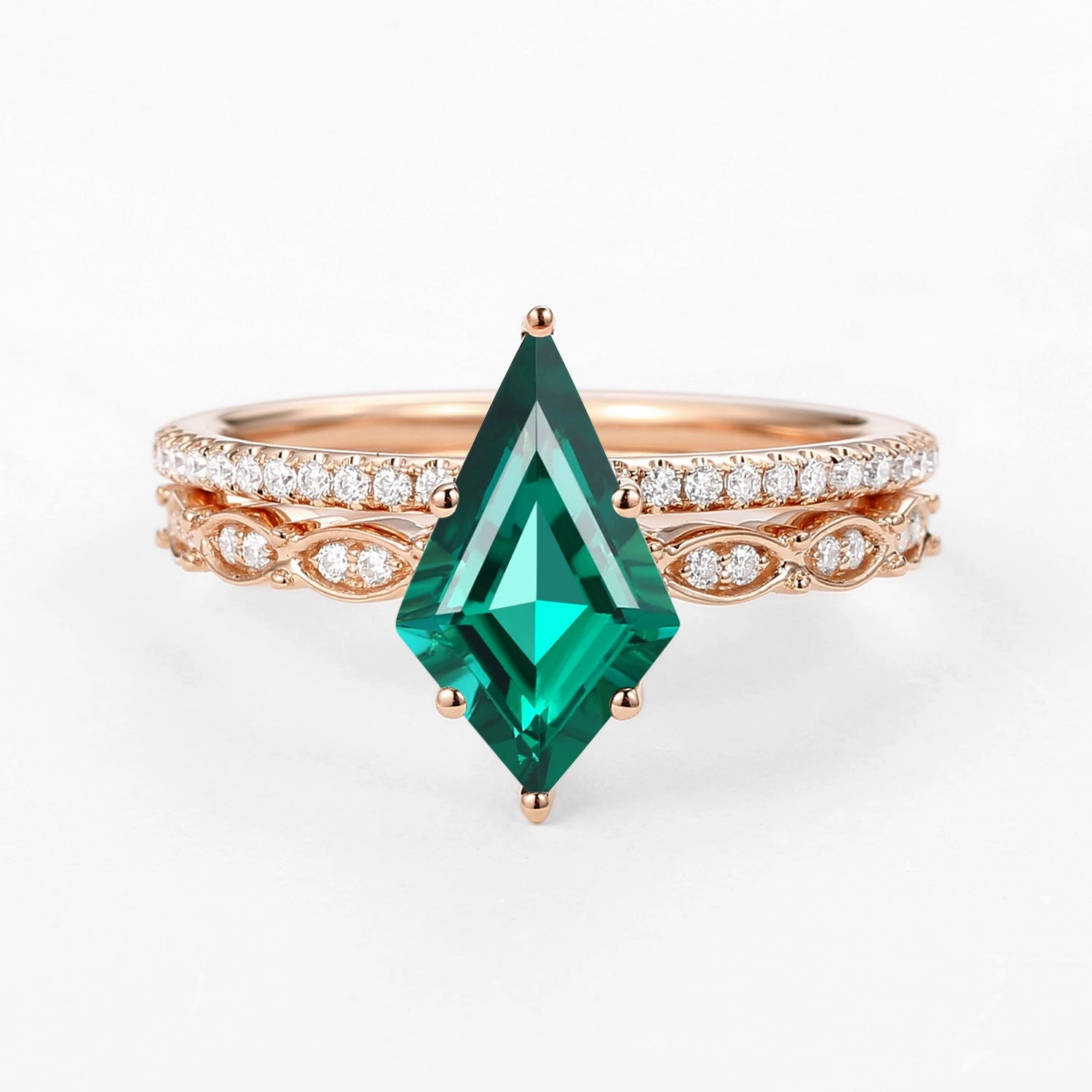 Modern Application Favorite Present Green Kite Cut Lab Emerald Engagement Ring with Straight Band Set 2pcs