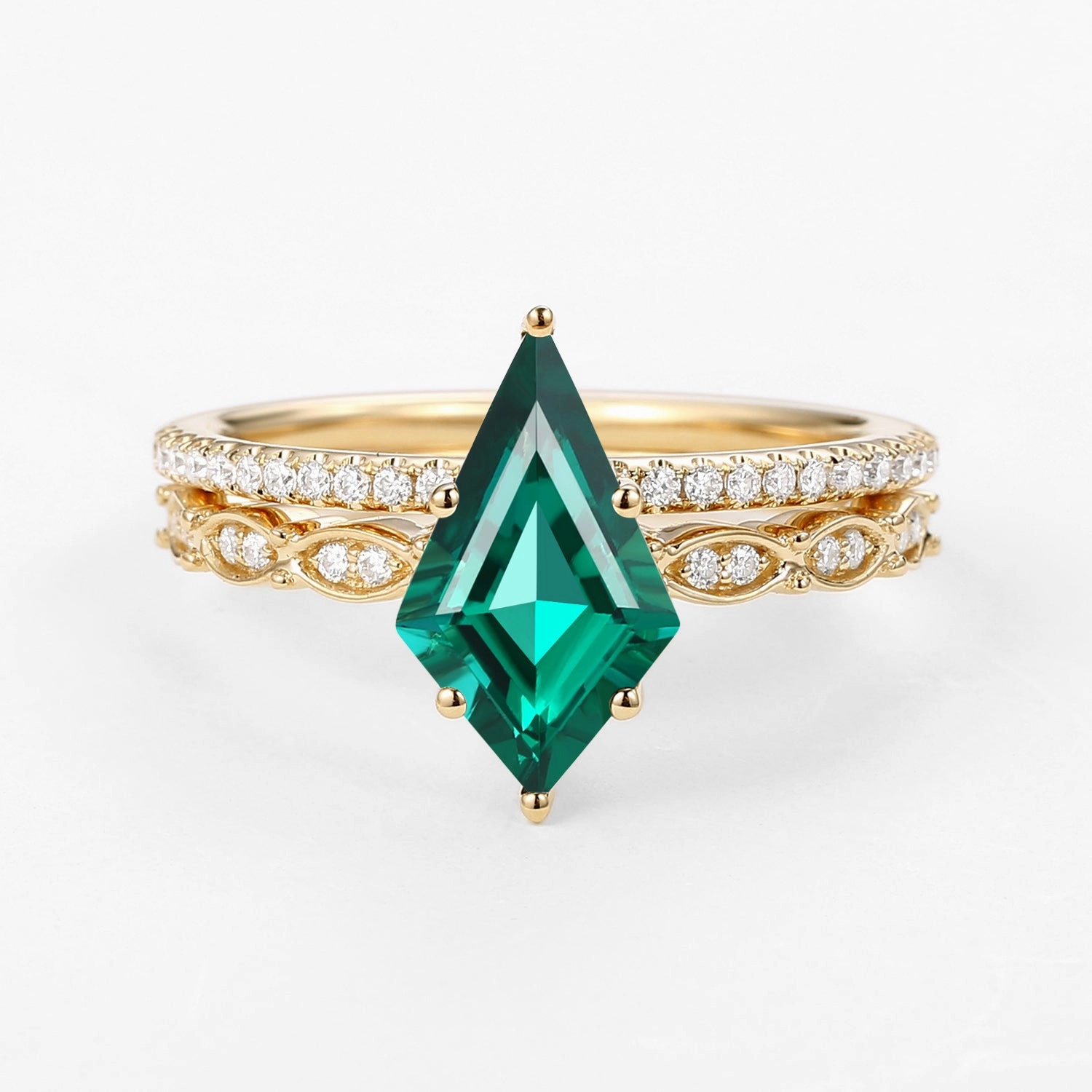 Green Kite Cut Lab Emerald Engagement Ring with Straight Band Set 2pcs International Design