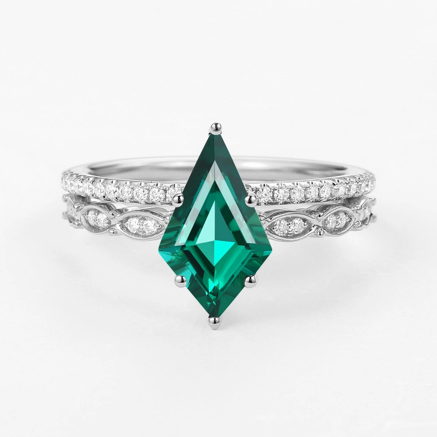 Green Kite Cut Lab Emerald Engagement Ring with Straight Band Set 2pcs Ethnic Inspiration Wonderful Gift