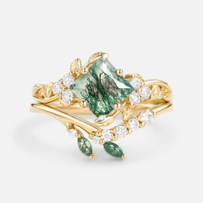 Sleek Touch Radiant Jewelry Green Leafy Princess Cut Moss Agate Engagement Ring Set 2PCS