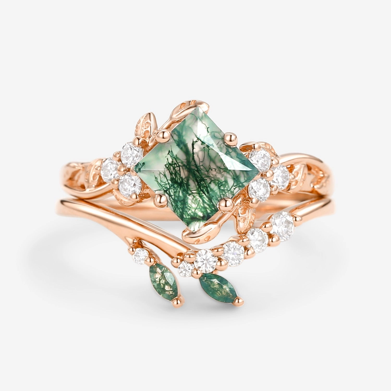 Green Leafy Princess Cut Moss Agate Engagement Ring Set 2PCS Cool Spark