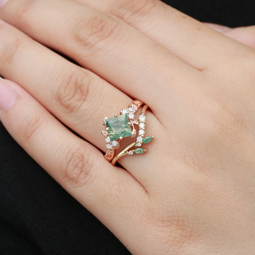 Green Leafy Princess Cut Moss Agate Engagement Ring Set 2PCS Minimal Detail