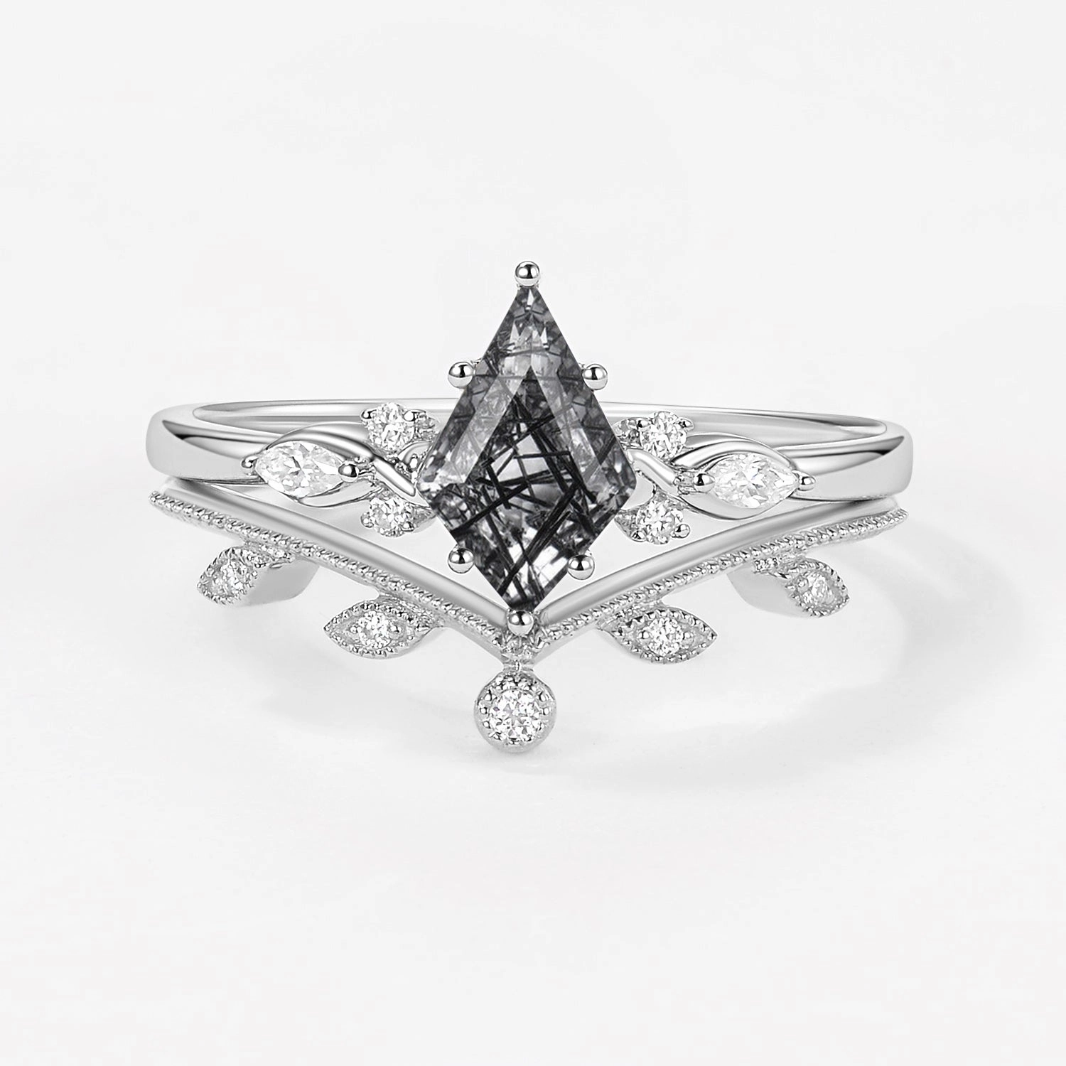 Lustrous Finish Quality Style Green Leafy Unique Kite Moss Agate Engagement Ring Sets 2pcs