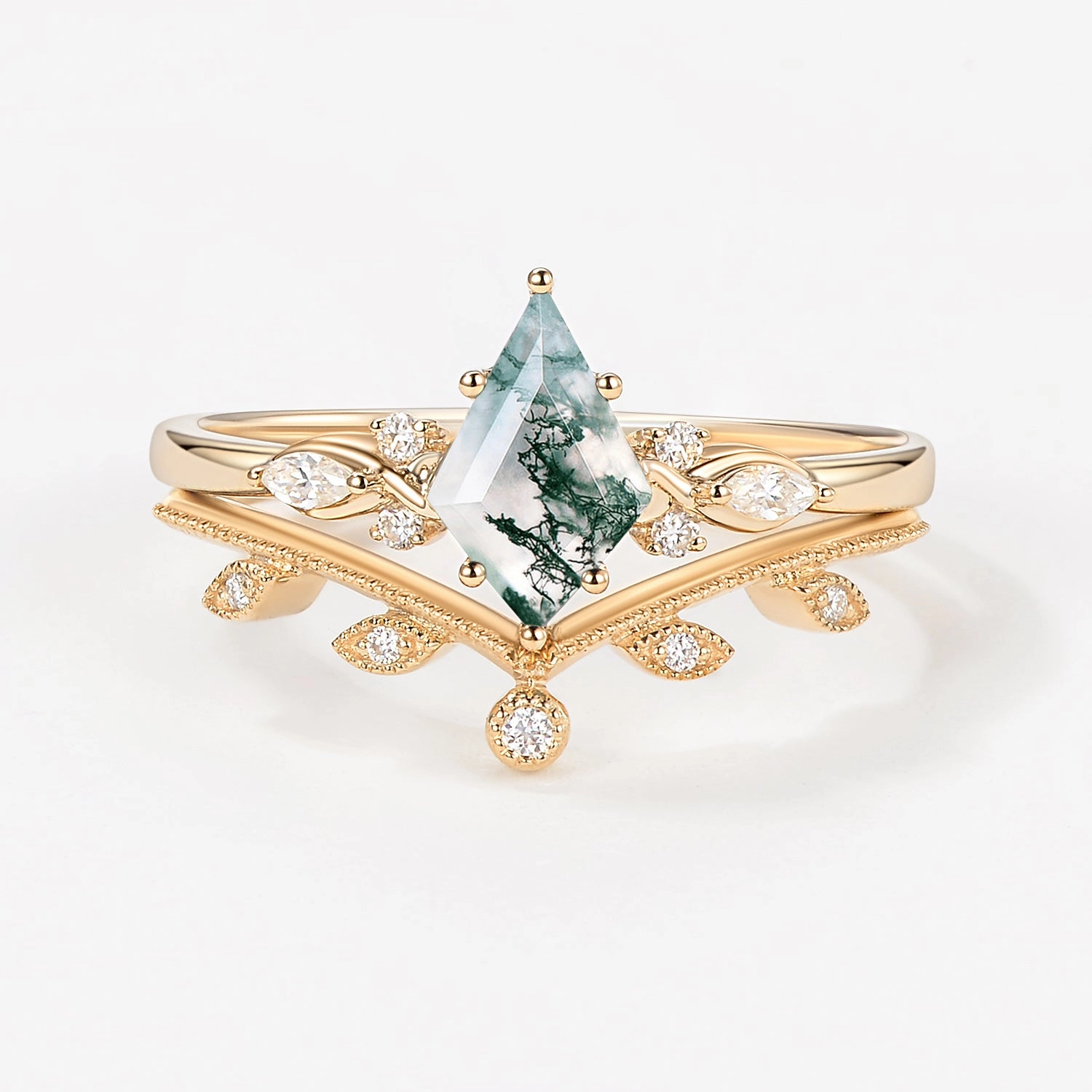 Budget Accessory Green Leafy Unique Kite Moss Agate Engagement Ring Sets 2pcs