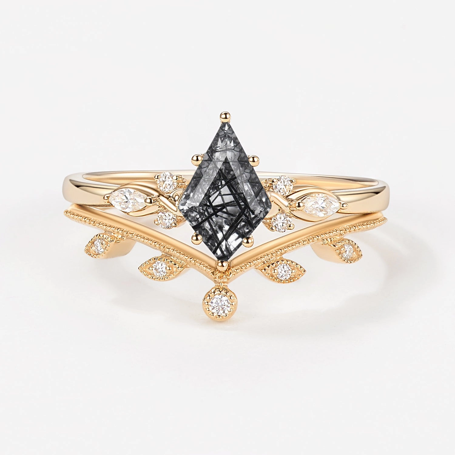 Green Leafy Unique Kite Moss Agate Engagement Ring Sets 2pcs Flirty Accent Unique Shine