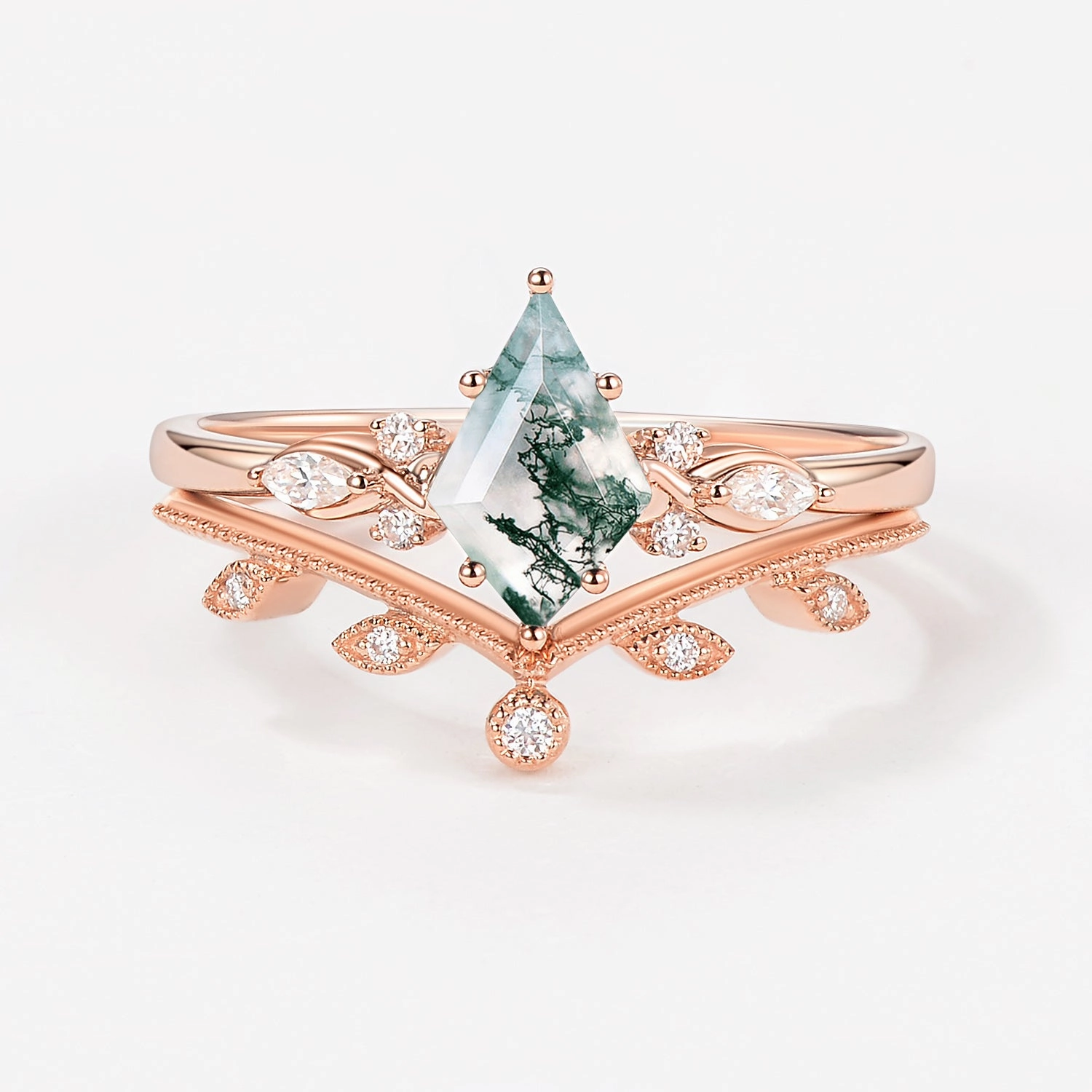 Green Leafy Unique Kite Moss Agate Engagement Ring Sets 2pcs Non Stretch Vivid Present